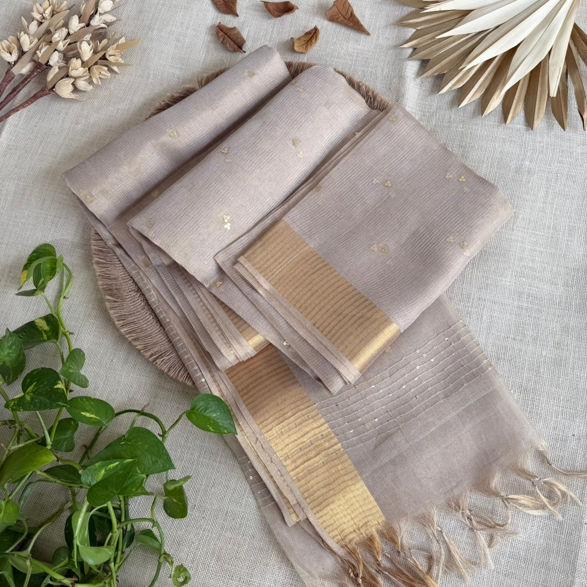 Beige Sequin Tissue Silk Saree