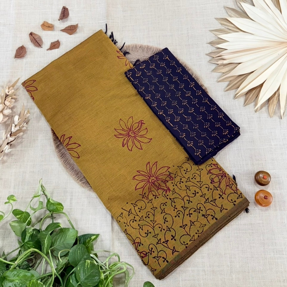 Mustard Floral South Cotton Mix Block Printed Saree