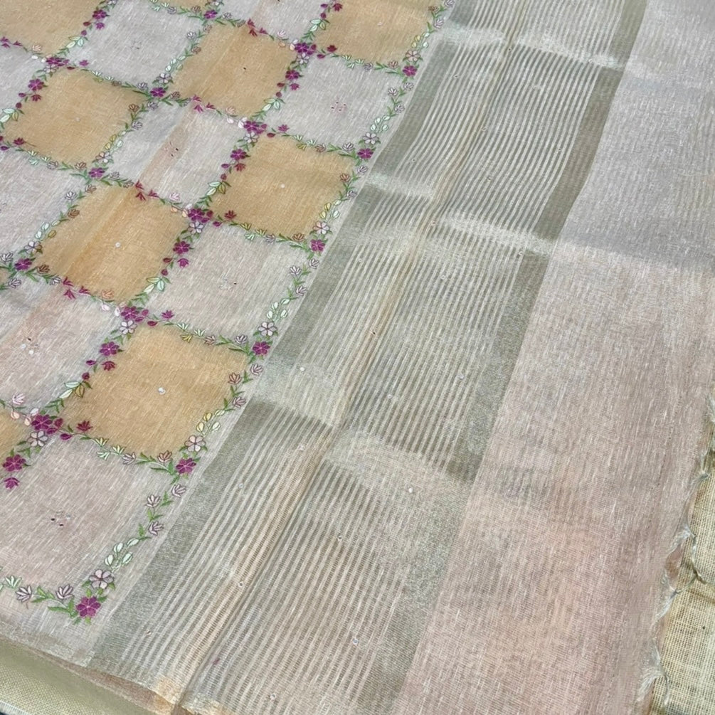 Pastel Orange Floral Embroidery Tissue Linen Saree