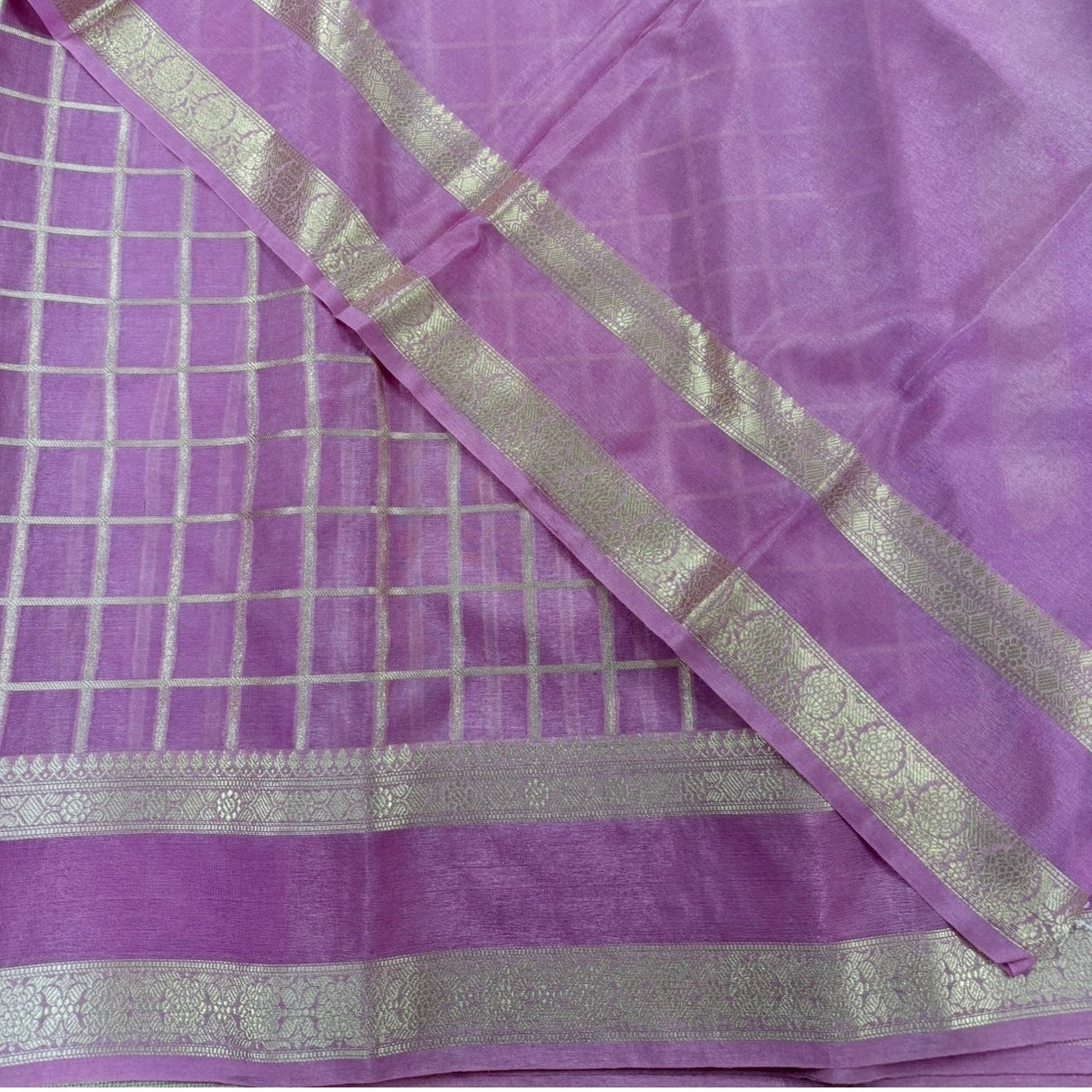 Lilac Checked Raw Silk Saree