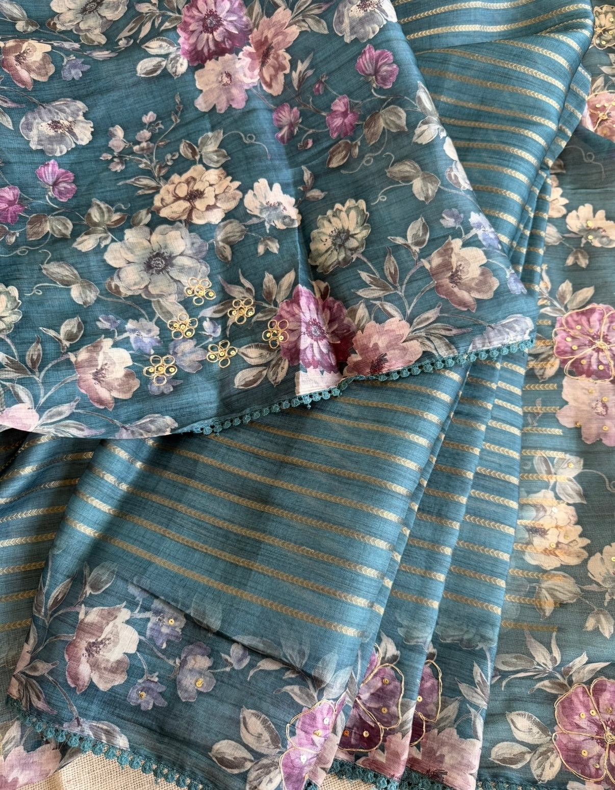 Teal Blue Floral Fancy Saree