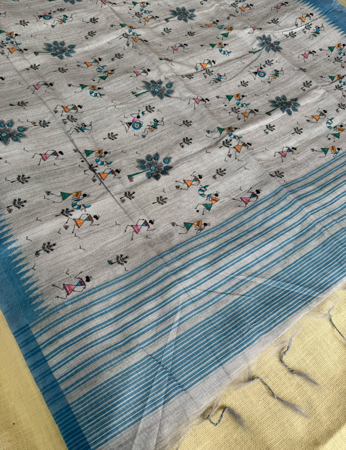 Light Blue Warli Print Semi Tussar Saree