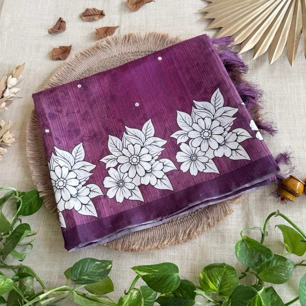 Wine Floral Semi Tussar Saree