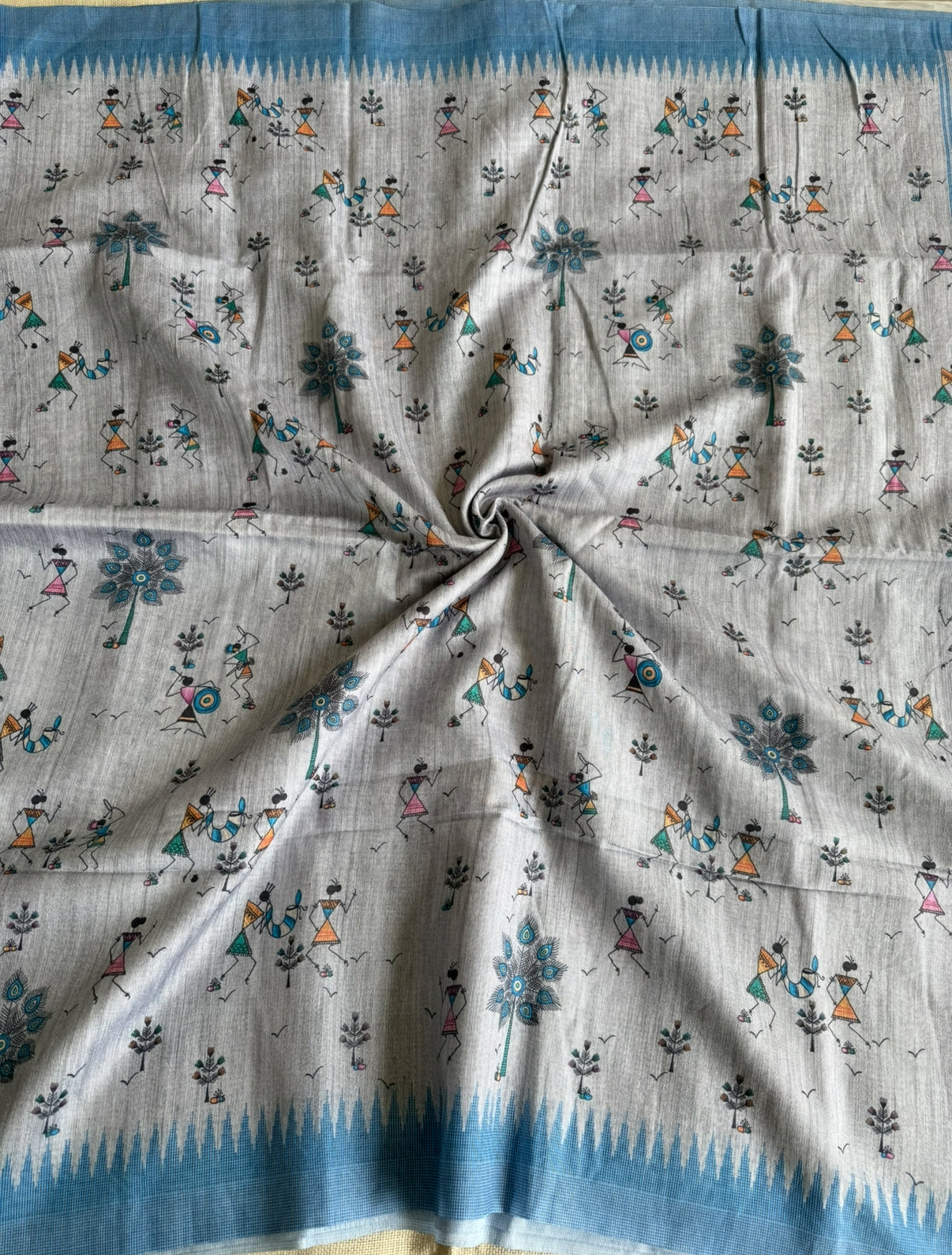 Light Blue Warli Print Semi Tussar Saree