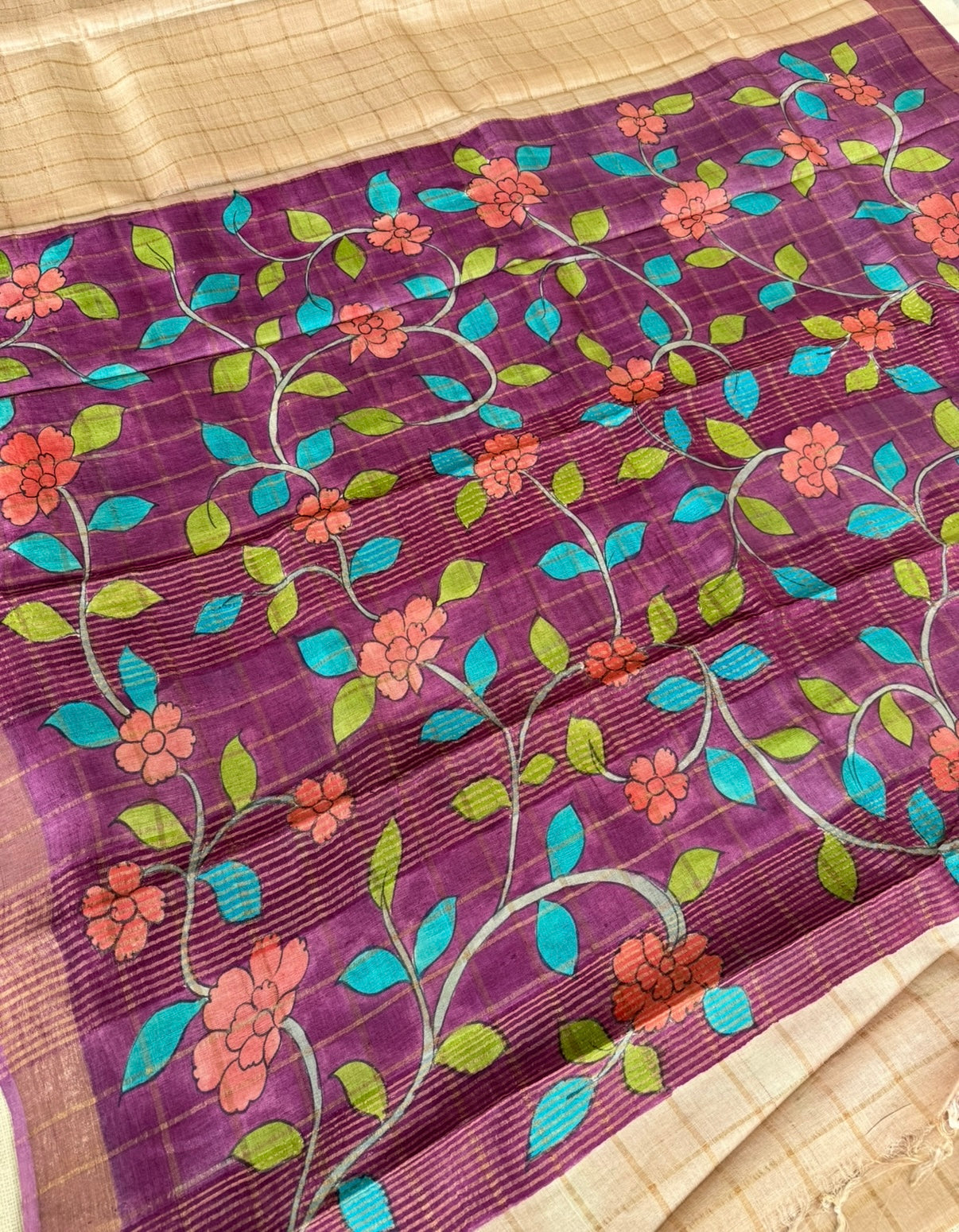 Beige Zari Checked Pure Tussar Silk Saree