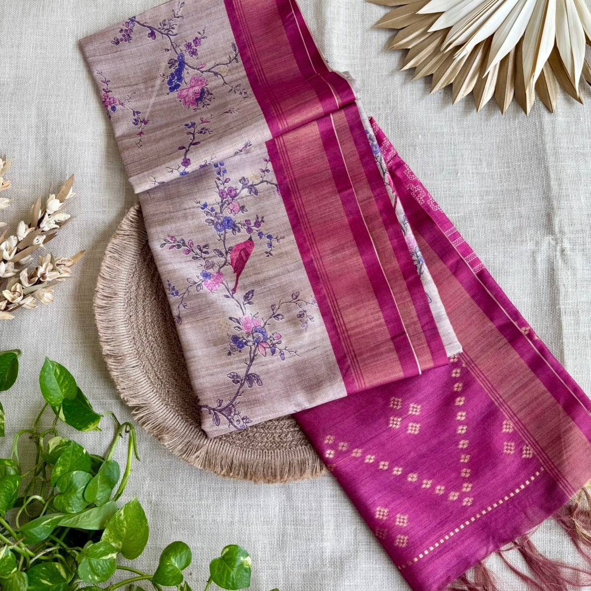 Pink Bird Semi Tussar Saree