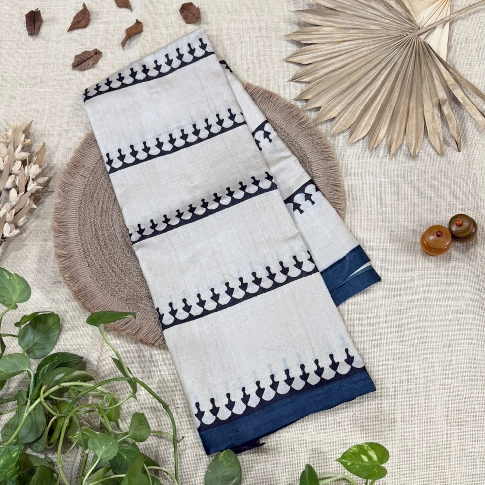 Off White Black Pure Tussar Silk Saree