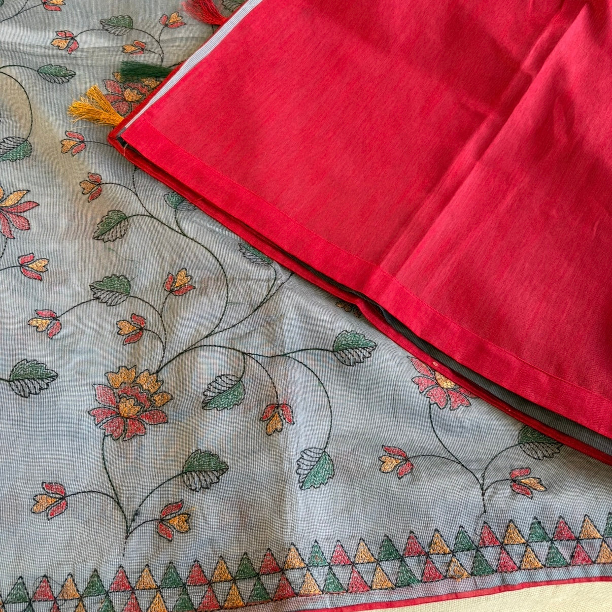 Grey Kota Floral Embroidery Saree