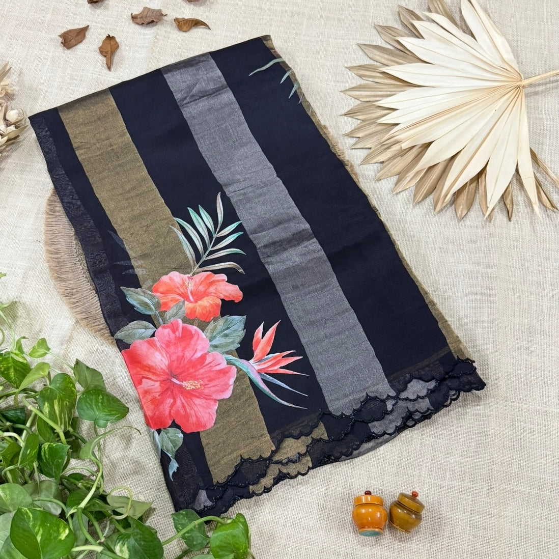 Eternal Black Gold Stripes Floral Pure Tissue Organza Saree