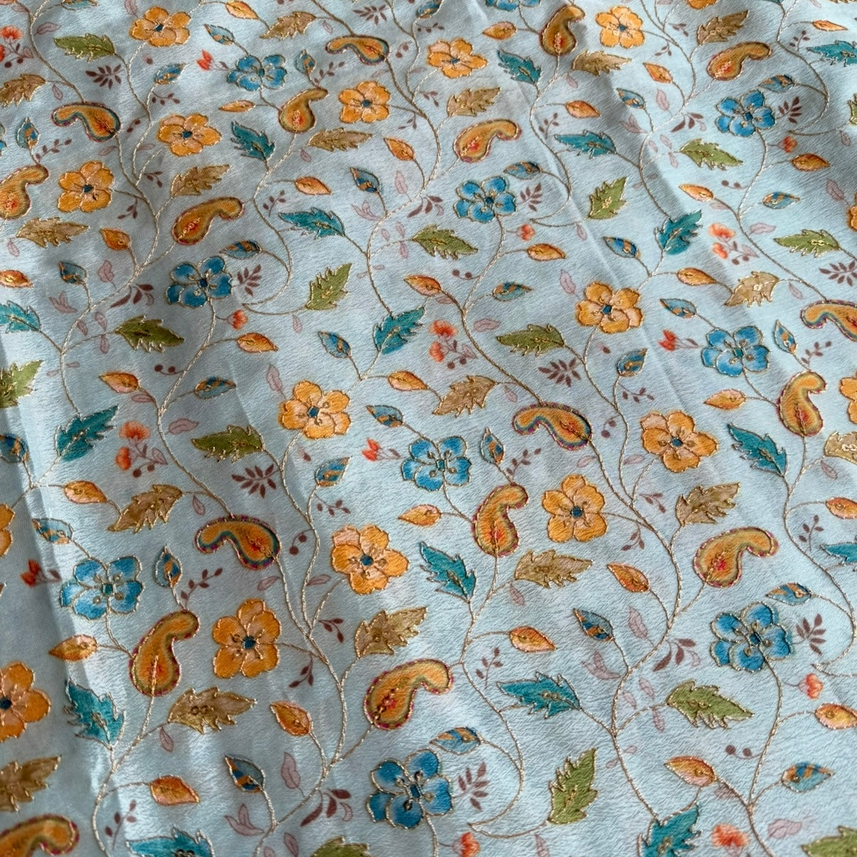 Sky Blue Designer Floral Embroidery Chinnon Blouse Fabric