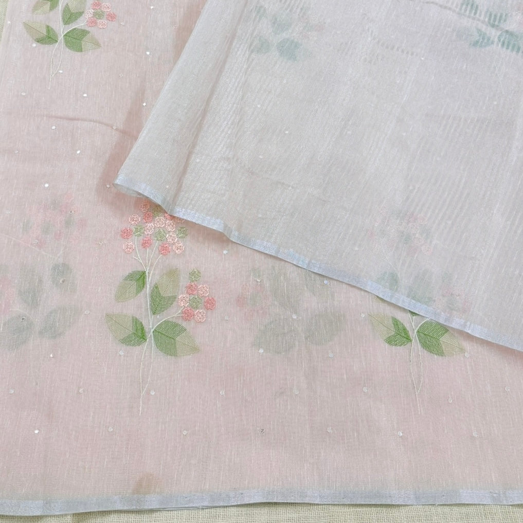 Pastel Peach Floral Embroidery Tissue Linen Saree