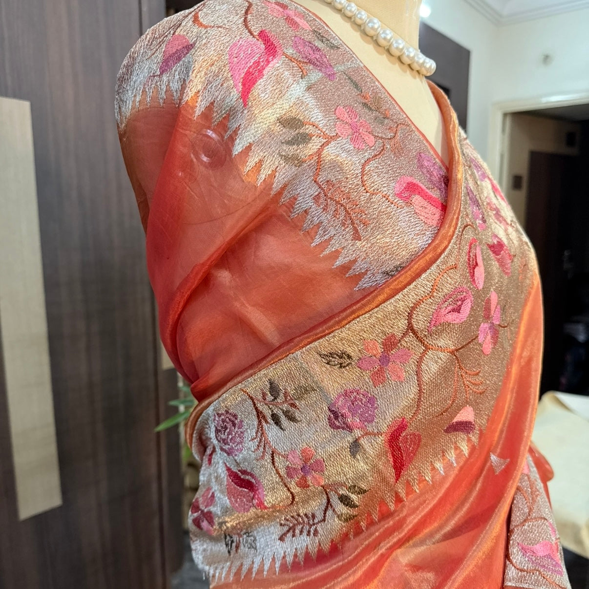 Sunset Burnt Orange Zari Embroidery Border Pure Tissue Silk Saree