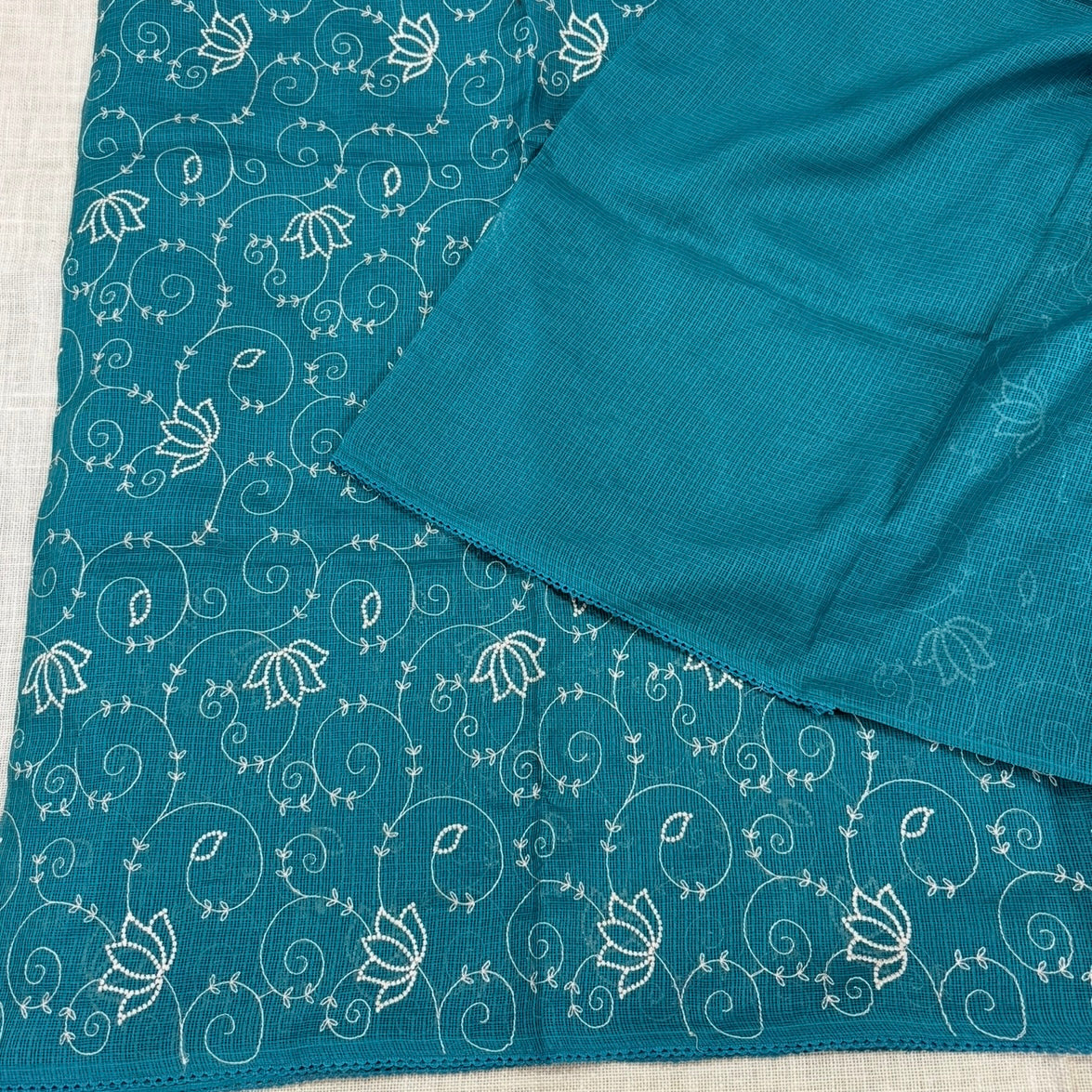 Rama green Kota Cotton Crochet Embroidery Saree