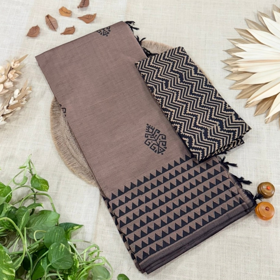 Muted Brown South Cotton Mix Block Printed Border