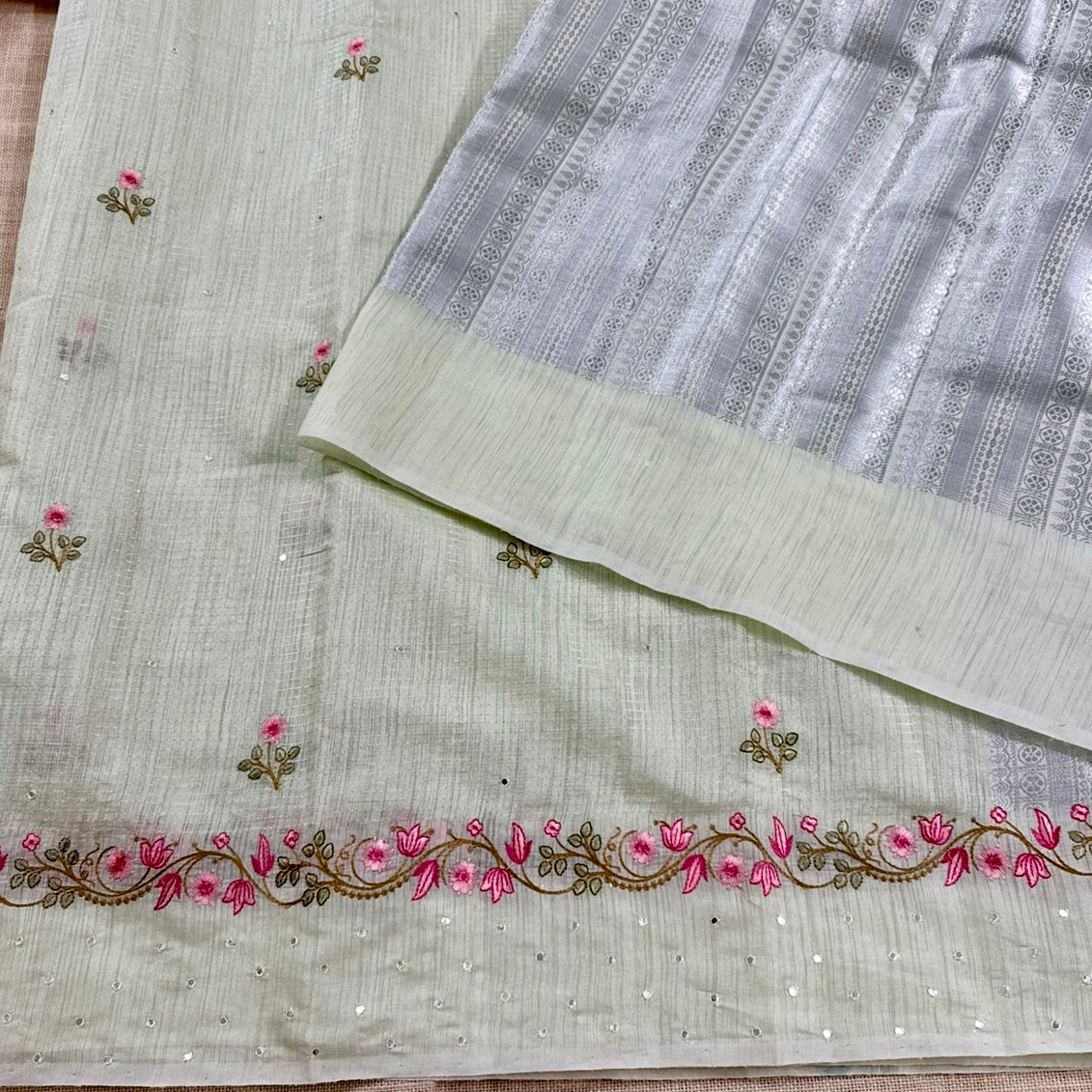 Pista Green Pink Floral Embroidery Linen Mirror Saree