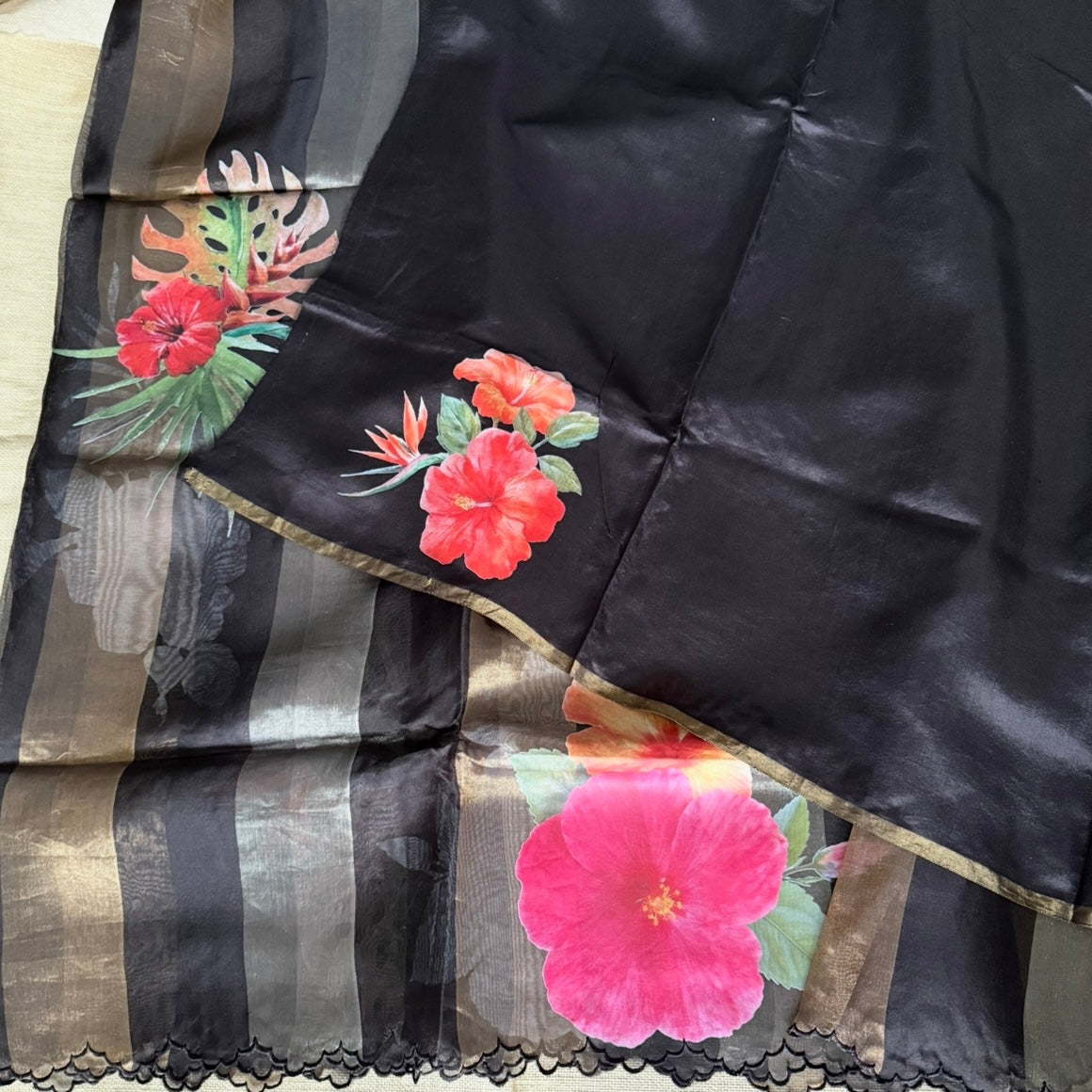 Eternal Black Gold Stripes Floral Pure Tissue Organza Saree