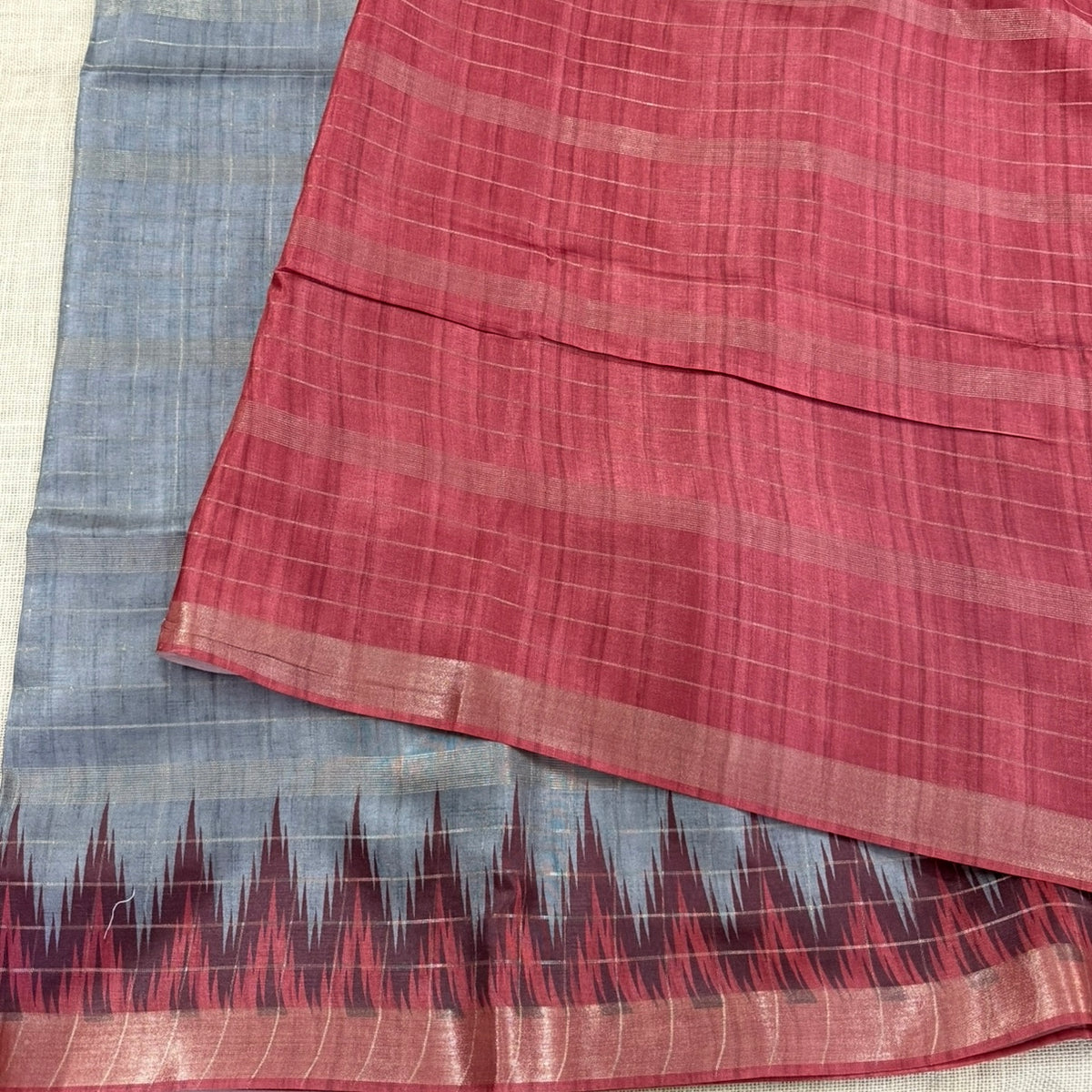 Silver Grey with Deep Maroon Semi Tussar Saree