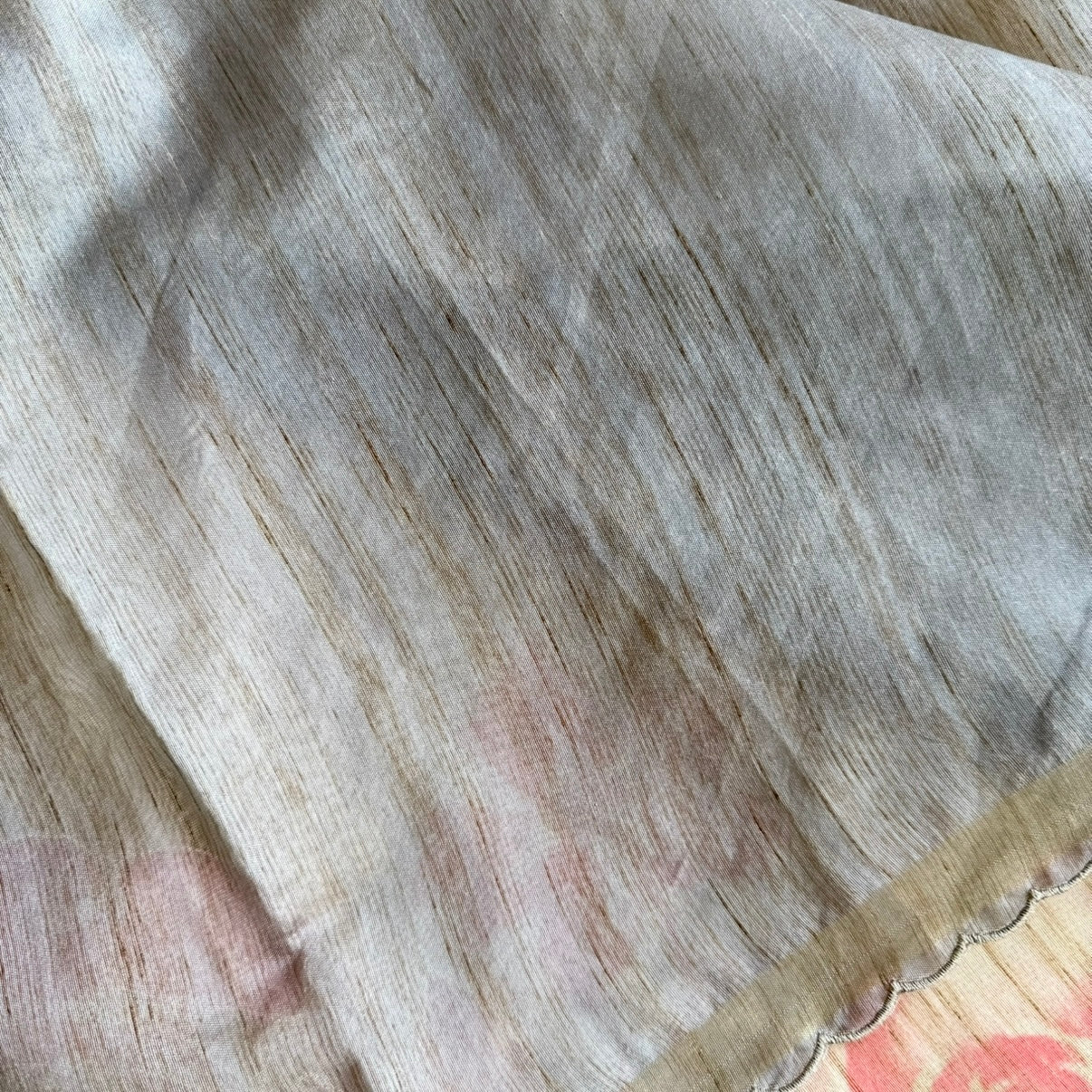 Beige n Grey Floral Embroidery Scallop Semi Tussar Saree