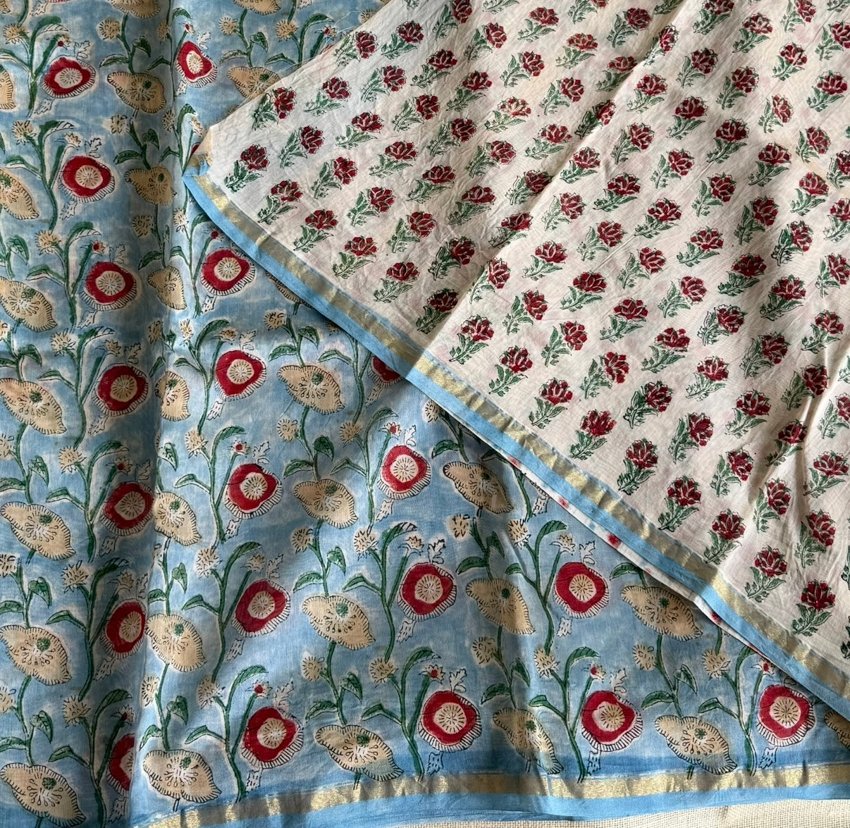 Sky-Blue Floral Chanderi Silk Cotton Saree
