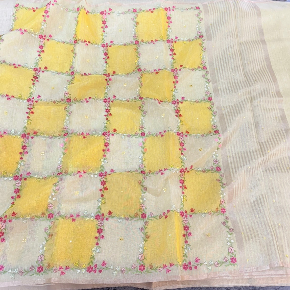 Yellow Floral Embroidery Tissue Kota Saree