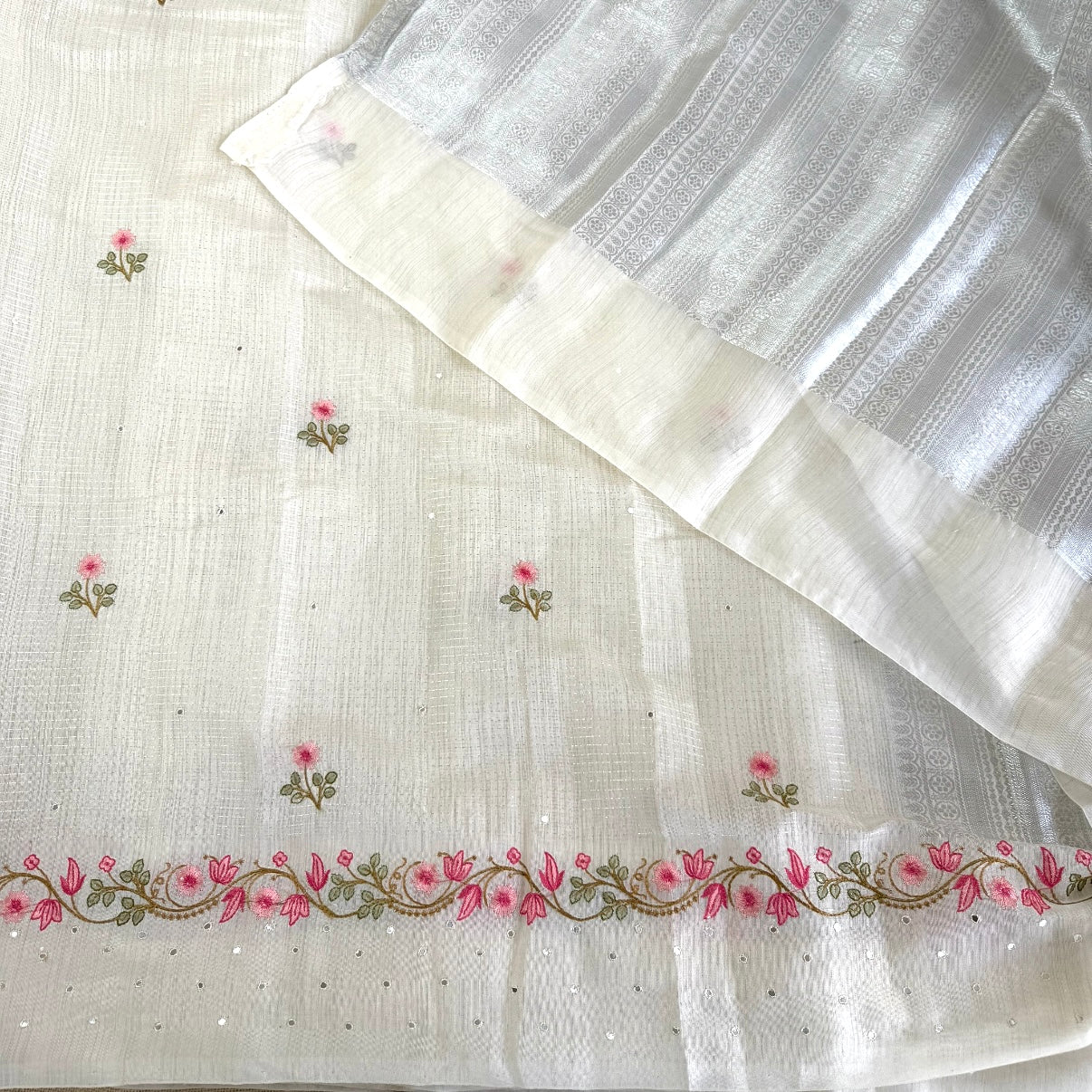 White Floral Embroidery Linen Mirror Saree