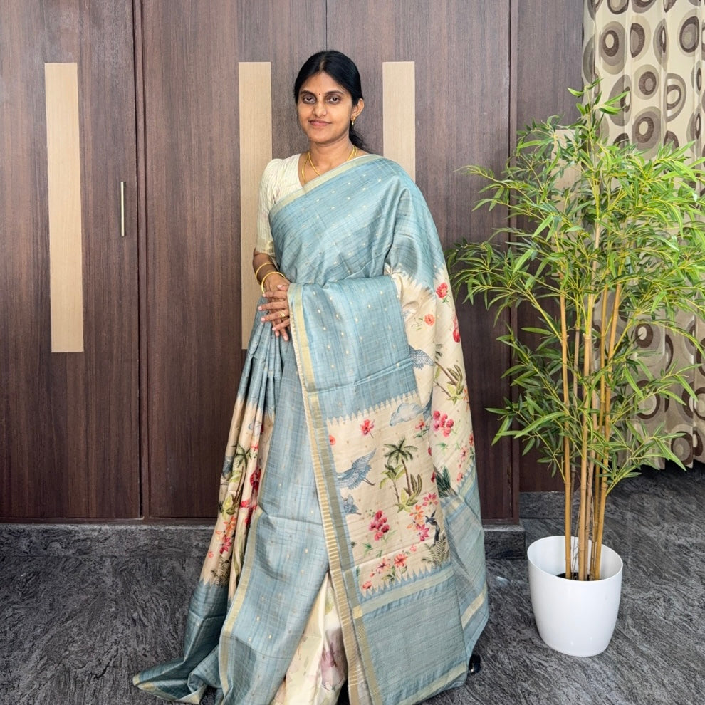 Pastel Blue Floral Semi Tussar Saree