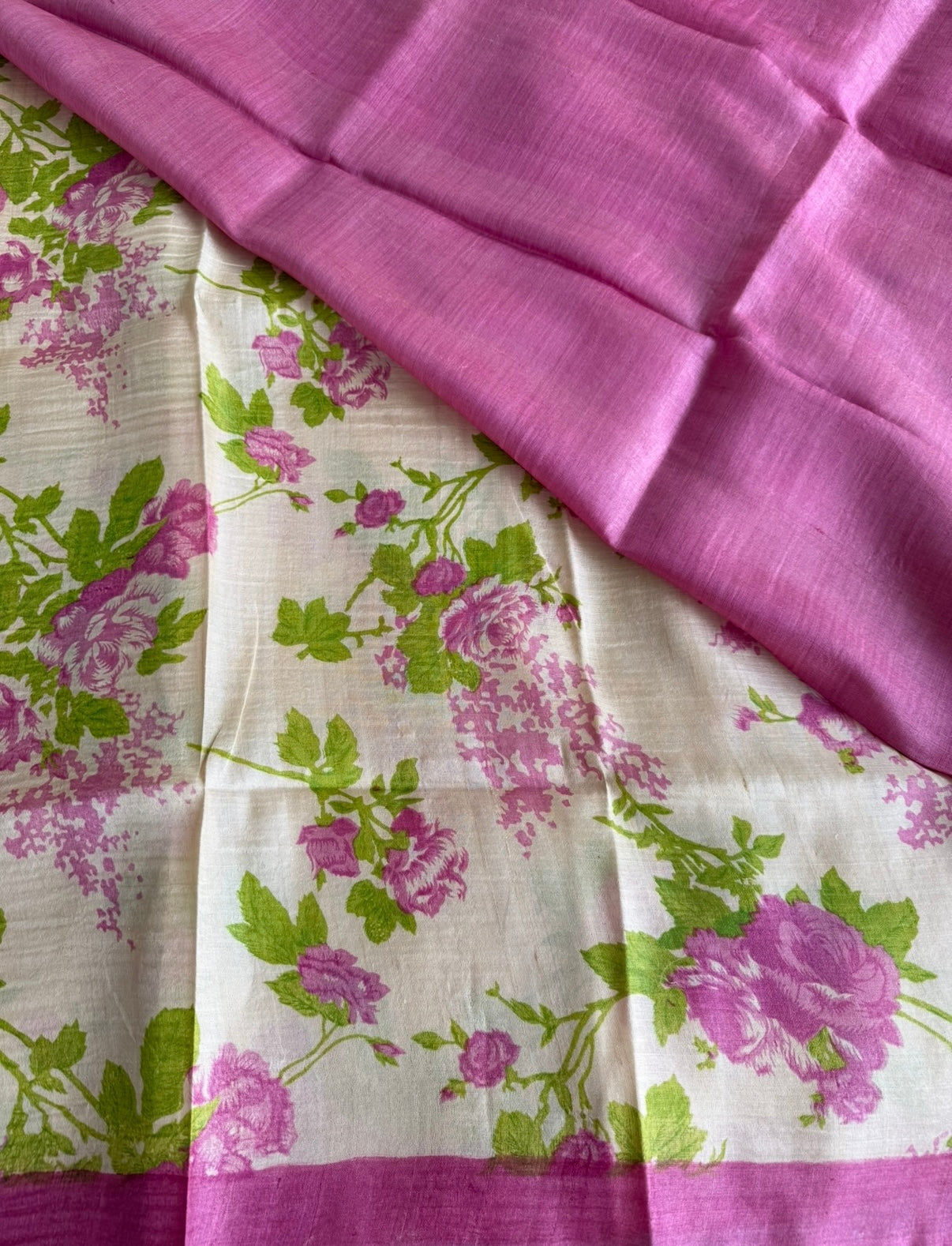 Pink Floral Pure Tussar Silk Saree