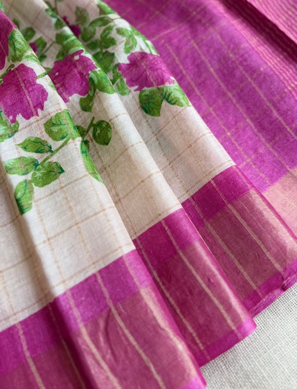 Beige Zari Checks Floral Pure Tussar Silk Saree