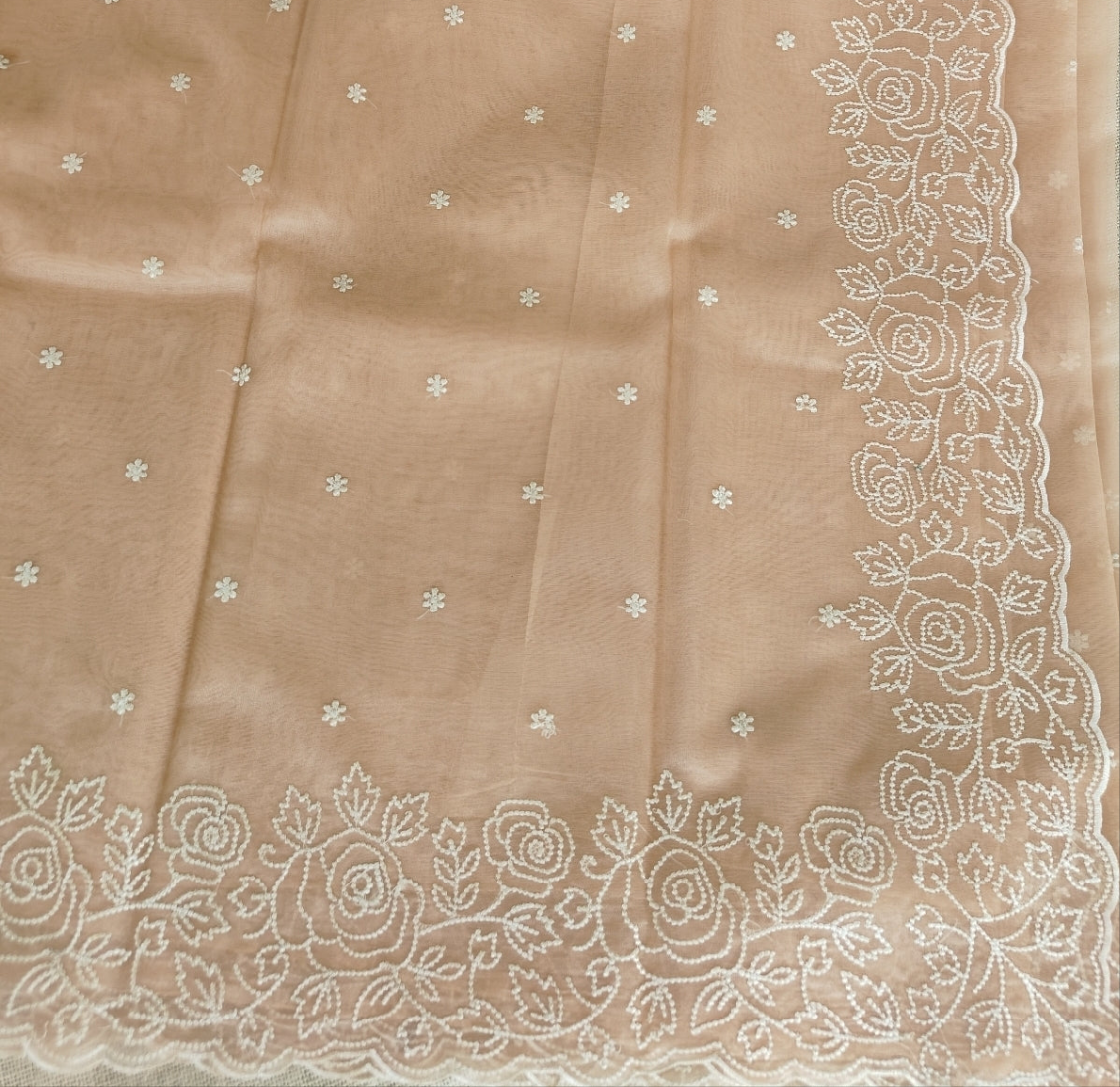 Sai Pallavi Beige Floral Scallop Embroidery Organza Saree