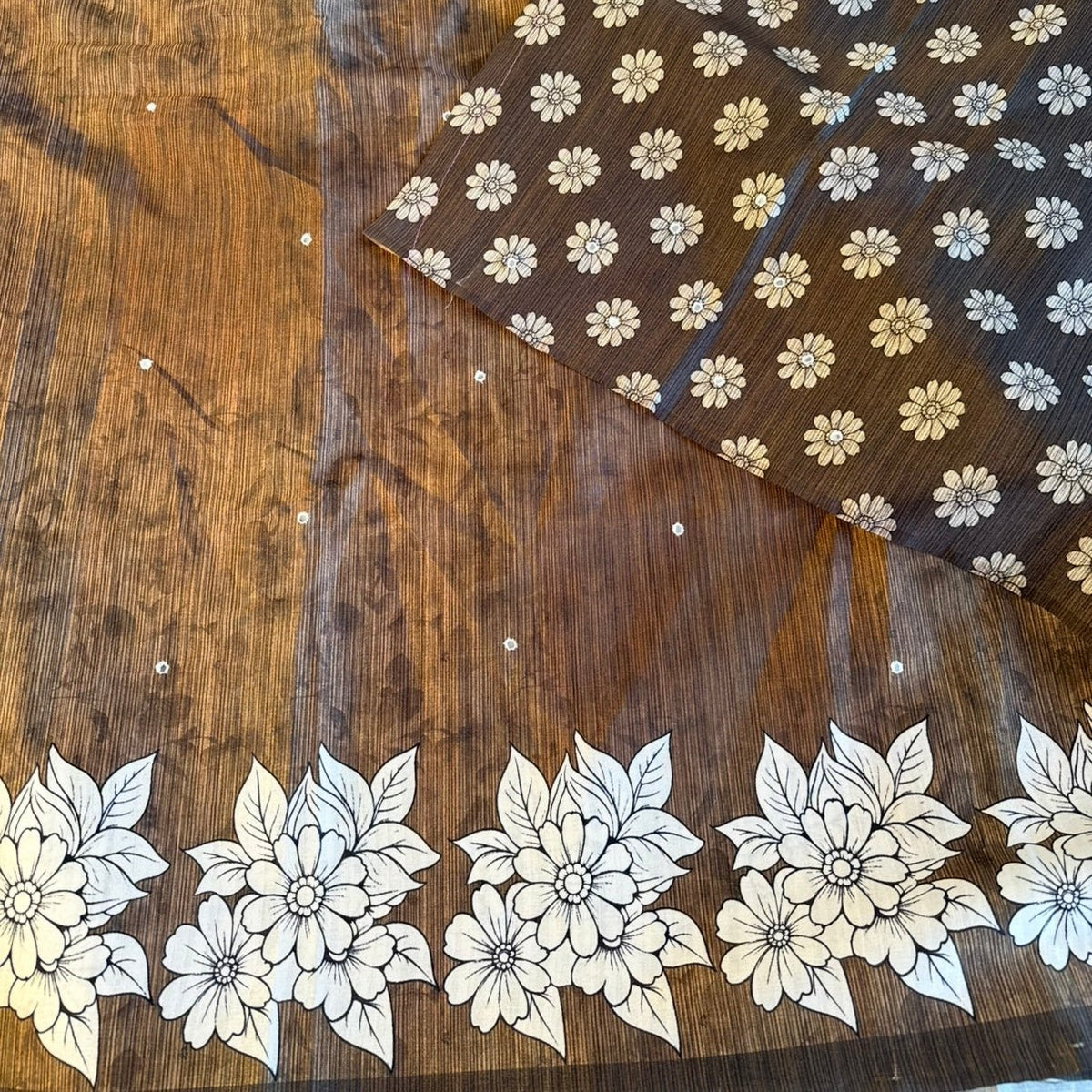 Brown Floral Semi Tussar Saree - Vini's Ethnic