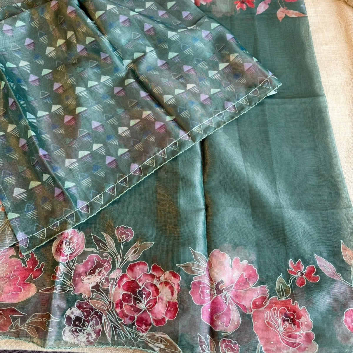 Forest Green Floral Semi Tussar Saree - Vini's Ethnic