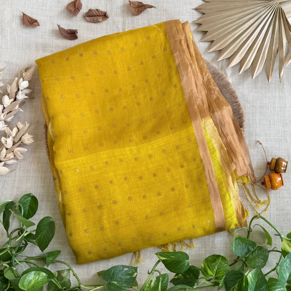 Mustard Yellow Pure Muslin Sequin Saree - Vini's Ethnic