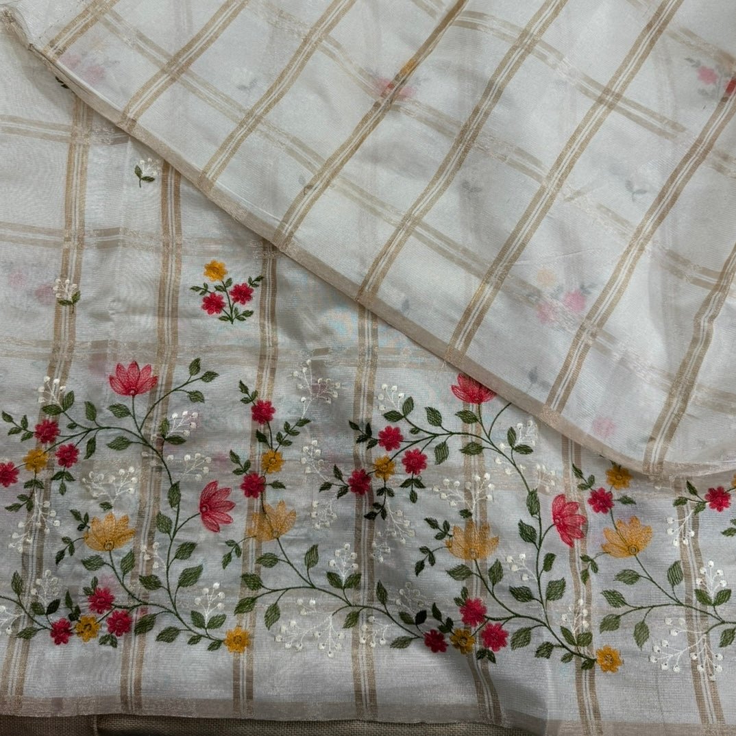 Off white Checks Floral Embroidery Semi Tussar Saree - Vini's Ethnic