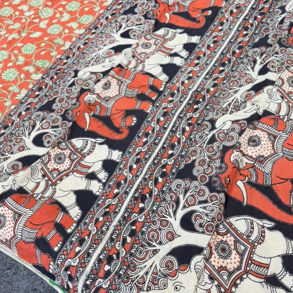 Orange Floral Kalamkari Cotton Saree - Vini's Ethnic