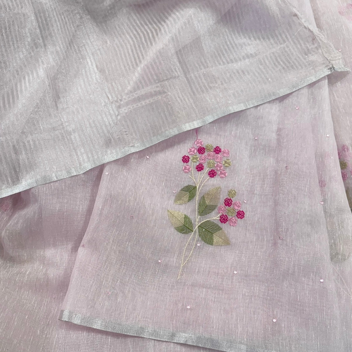Pastel Pink Floral Embroidery Tissue Linen Saree - Vini's Ethnic