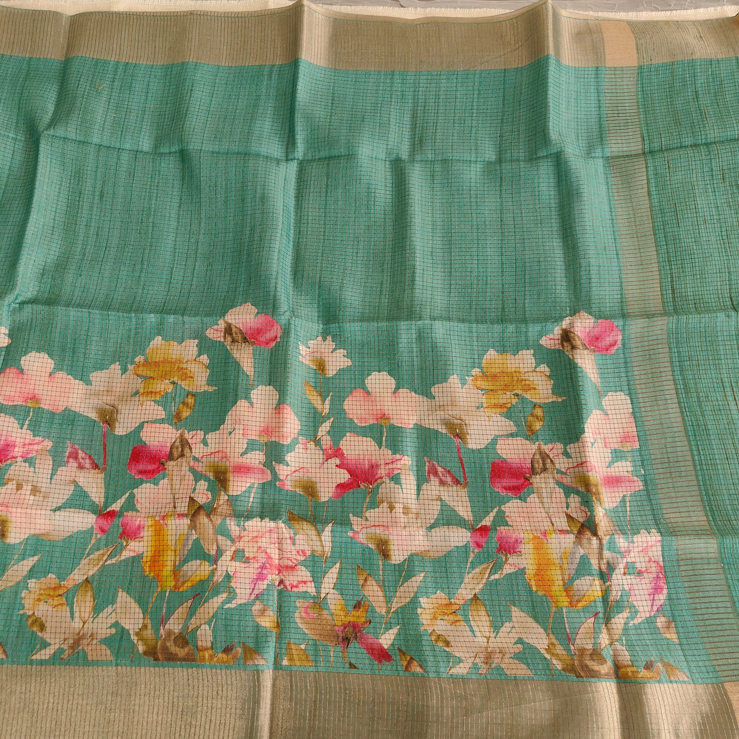 Turquoise Kota Checks Tussar Saree
