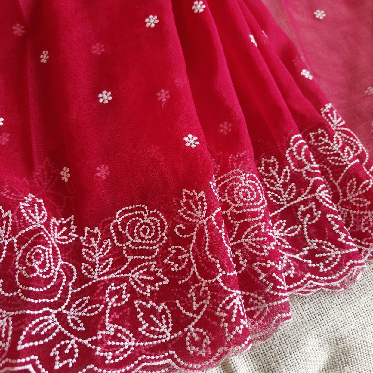 Red Floral Scallop Embroidery Organza Saree