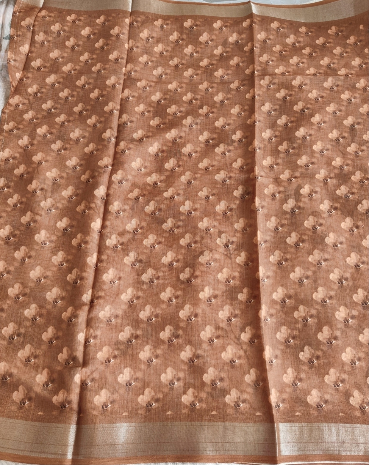 Rust Orange Floral Linen Saree