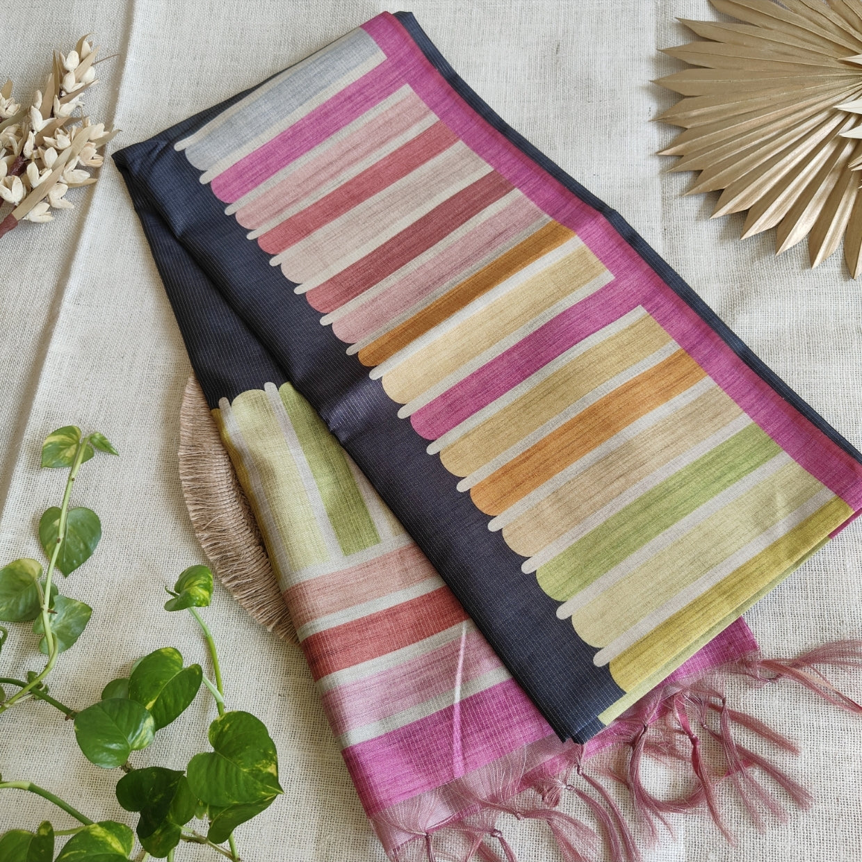 Black Tissue Rainbow Semi Tussar Saree