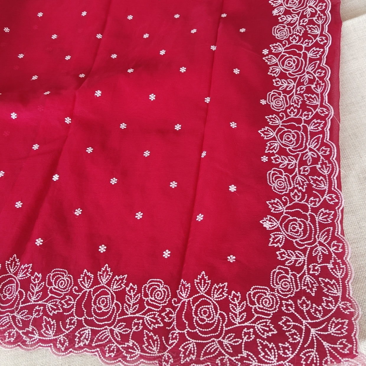 Red Floral Scallop Embroidery Organza Saree