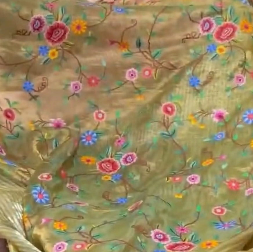 Pista Green Pure Tissue Petit Embroidery Saree
