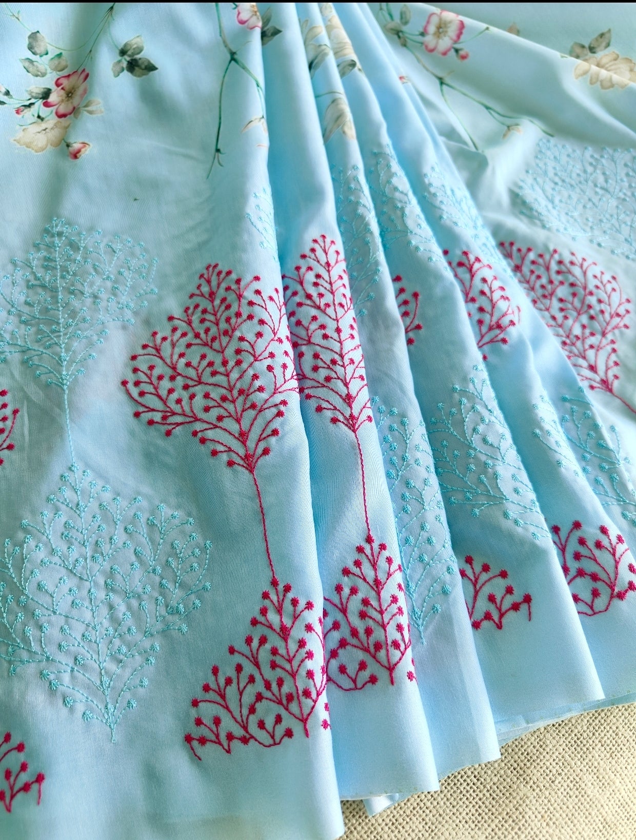 Sky Blue Muslin Floral Print with Embroidery