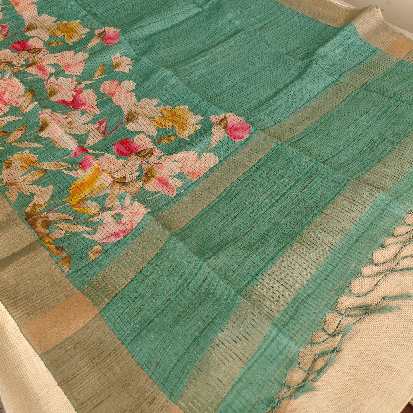 Turquoise Kota Checks Tussar Saree