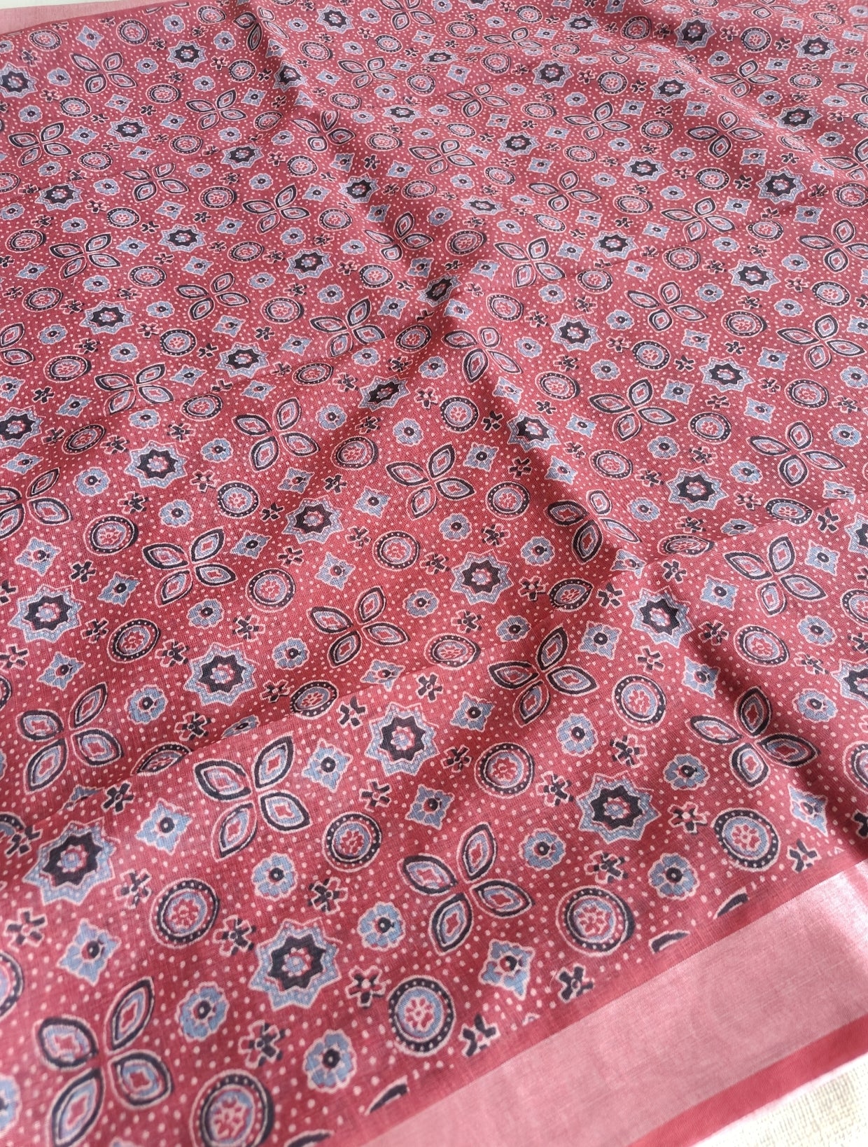 Maroon Ajrakh Printed Linen Saree