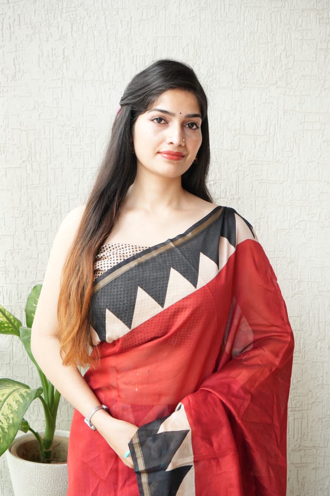 Red Temple Chanderi Silk Cotton Saree