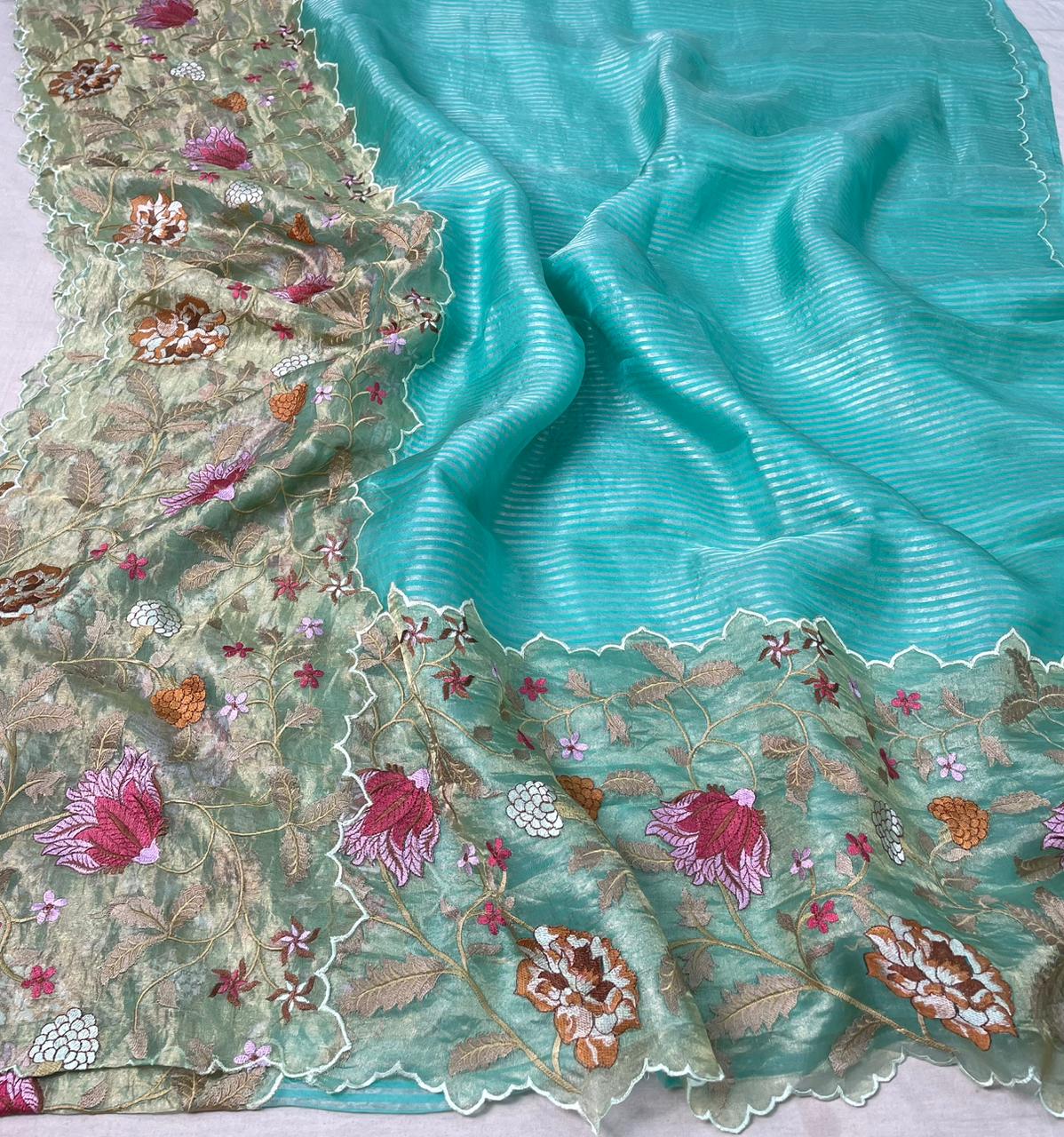 Sky Blue Pure Tissue Organza Embroidery Silk Saree