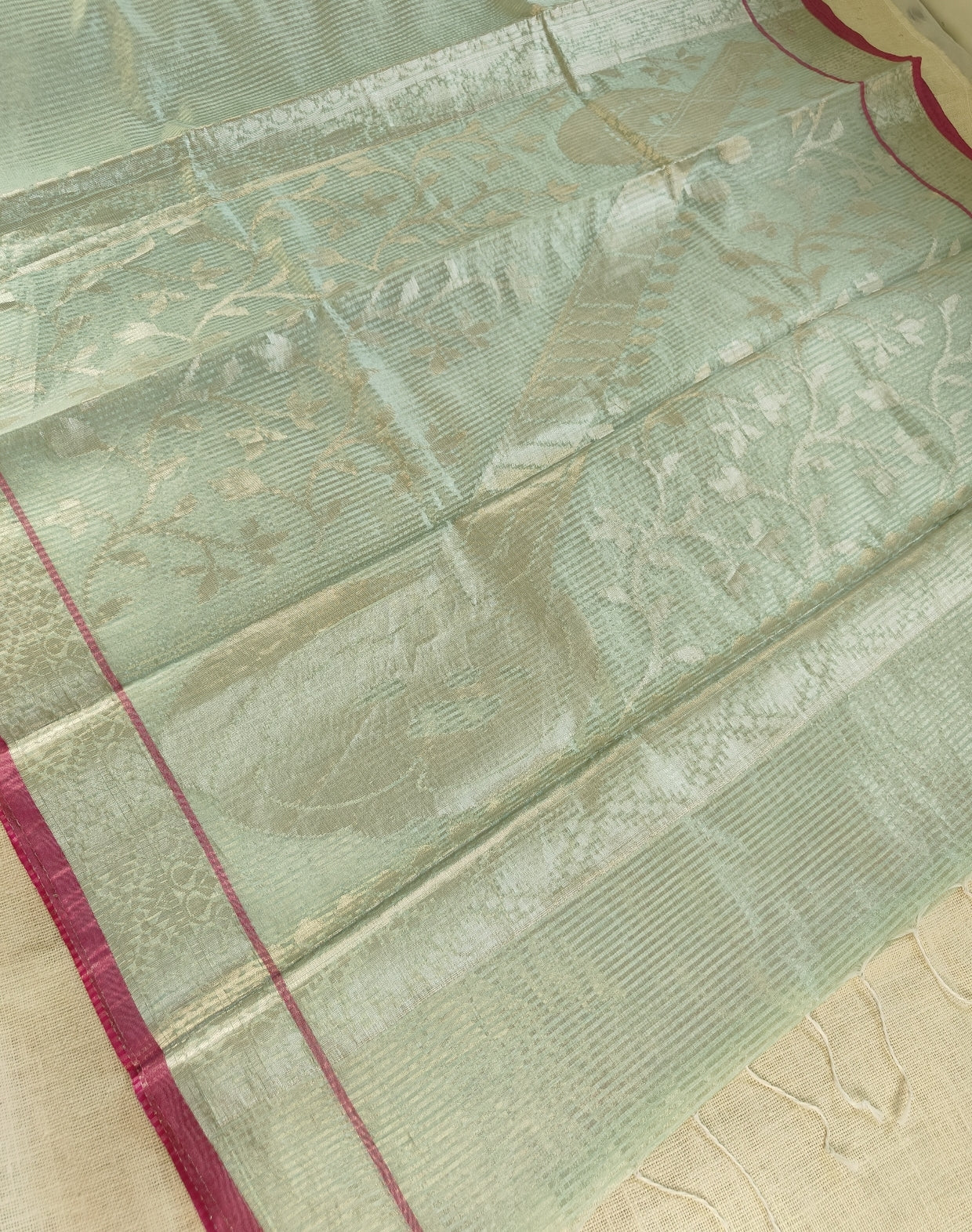 Pista Green Banarasi Antique Gold Stripe Saree