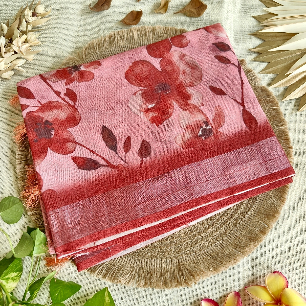 Brown Floral Linen Saree