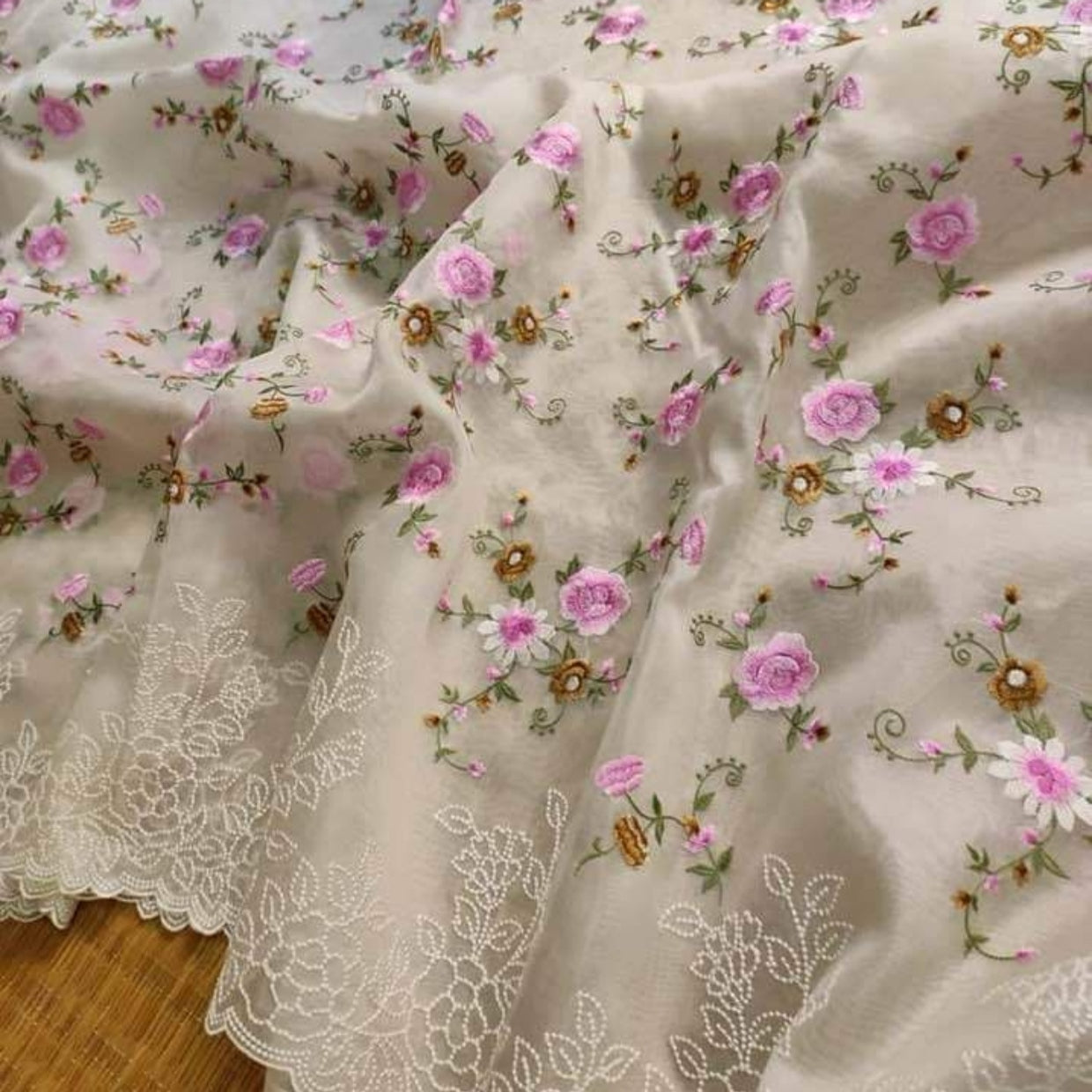 Off white Intricate Floral Embroidery Organza Saree