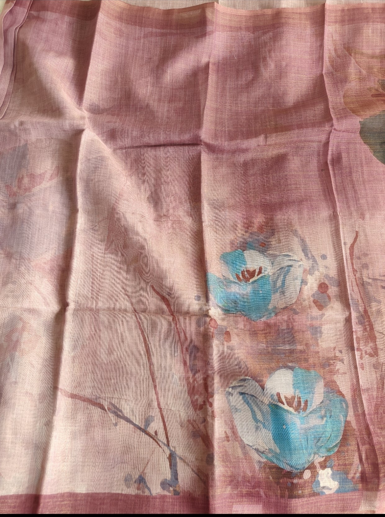 Brown Floral Tissue Linen Saree